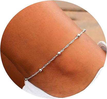 Tasiso 14K Gold Plated Layered Satellite Beads Heart Anklets Layering Rhinestone Cubic Zirconia Ankle Bracelets for Women Minimalist Summer Beach Foot Chain Ankle Jewelry Gifts Apparel & Accessories > Jewelry > Anklets Tasiso Twisted Beaded-Silver  