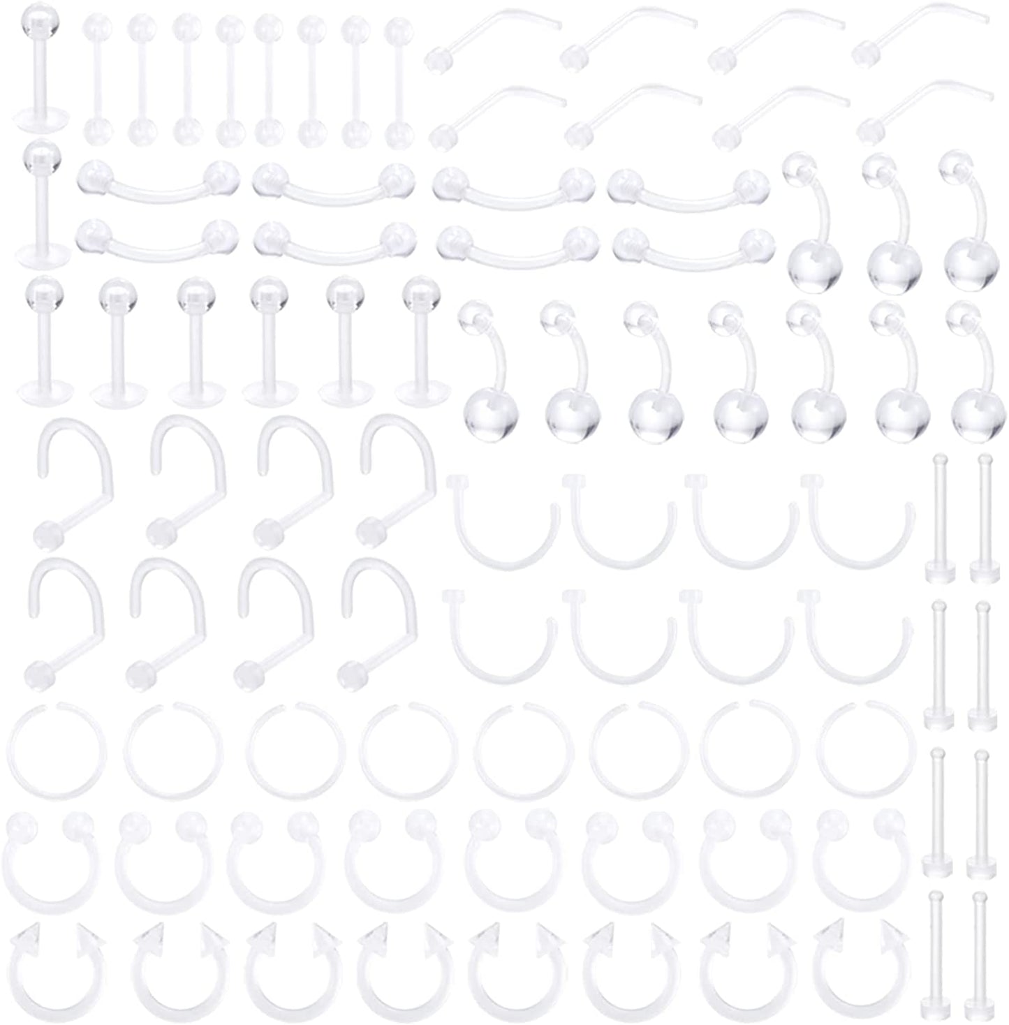 Oveta Clear Piercing Retainers Flexible Bioflex 14G 16G 20G Navel Belly Button Ring Lip Labret Piercings Retainer Eyebrow Tongue Barbells Cartilage Tragus Earrings Retainer 36-90PCS Apparel & Accessories > Jewelry > Body Jewelry Oveta 90pcs  