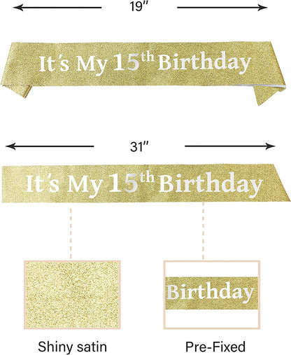 Verymerrymakering 15Th Birthday Sash and Tiara for Girls - Fabulous Set: Glitter Sash + Flowers Rhinestone Gold Premium Metal Tiara, 15Th Birthday Gifts for Teenegers Party Apparel & Accessories > Clothing Accessories > Sashes VeryMerryMakering   