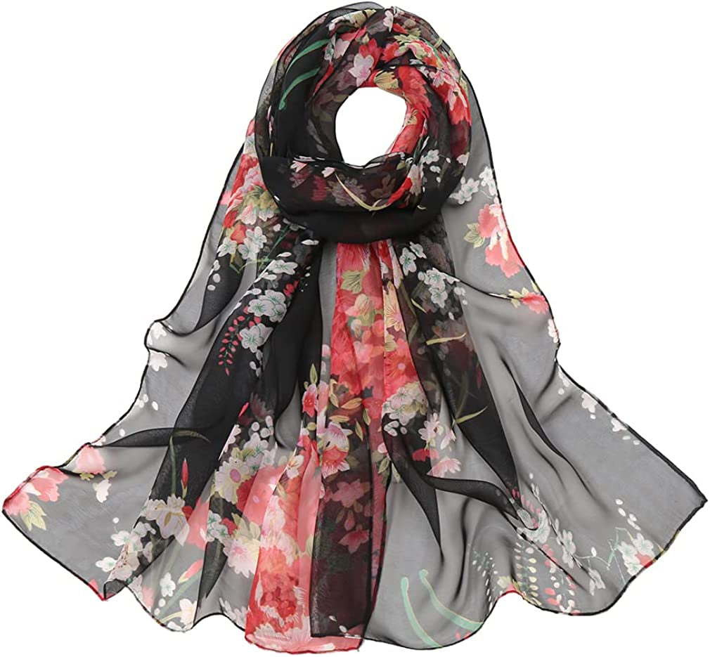 LMVERNA Chiffon Flower Scarf Women'S Floral Scarves Printe Chiffon Scarf Polka Dot Shawls Long Scarf Wrap Apparel & Accessories > Clothing Accessories > Scarves & Shawls LMVERNA Georgie&black  