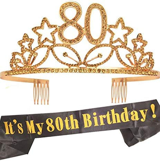 MEANT2TOBE 80Th Birthday Sash and Tiara for Women - Fabulous Glitter Sash + Stars Rhinestone Gold Premium Metal Tiara for Her, 80Th Birthday Gifts for 80 Celebration Apparel & Accessories > Clothing Accessories > Sashes MEANT2TOBE Gold  