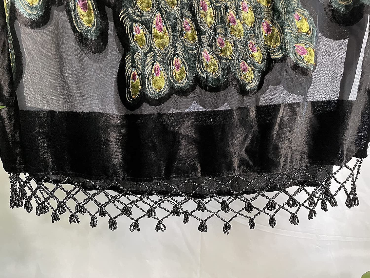 Peacock Velvet Shawl with Fringe Beaded Shawl for Women Peacock Scarf Handmade Beading Indian Wraps for Women with Tassel Apparel & Accessories > Clothing Accessories > Scarves & Shawls DQSSYTTX   
