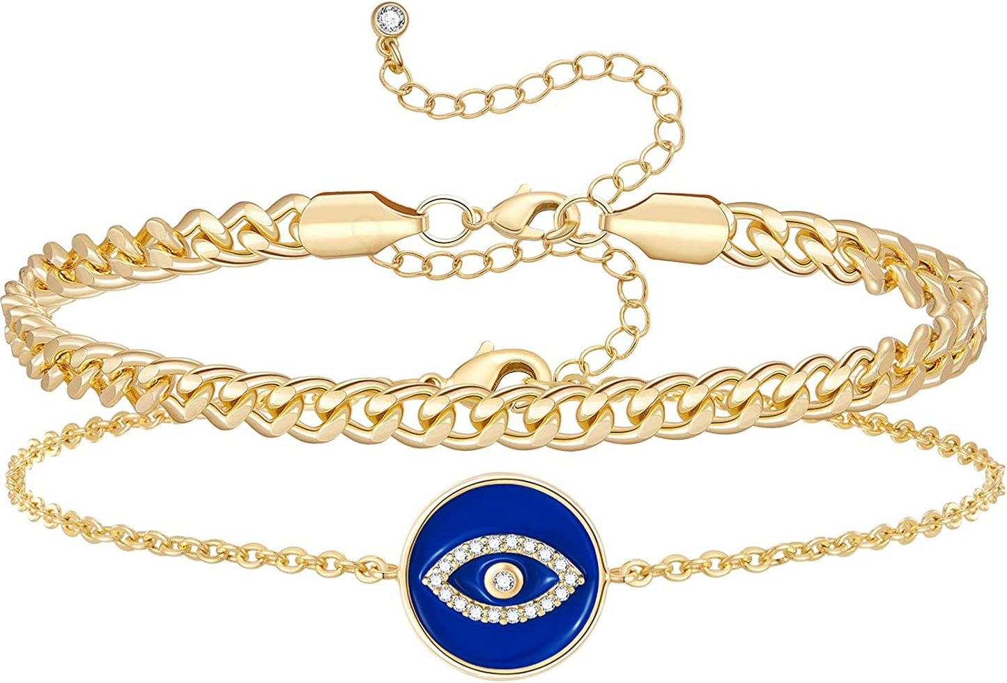 Kissyan Gold Layered Ankle Bracelets for Women, Dainty 14K Gold Plated Layering Anklets Set Adjustable Fashion Cuban Link Snake Tennis Chain Ankles Summer Beach Foot Jewelry Gifts for Women Girls Apparel & Accessories > Jewelry > Anklets KissYan P-Blue Evil Eye  