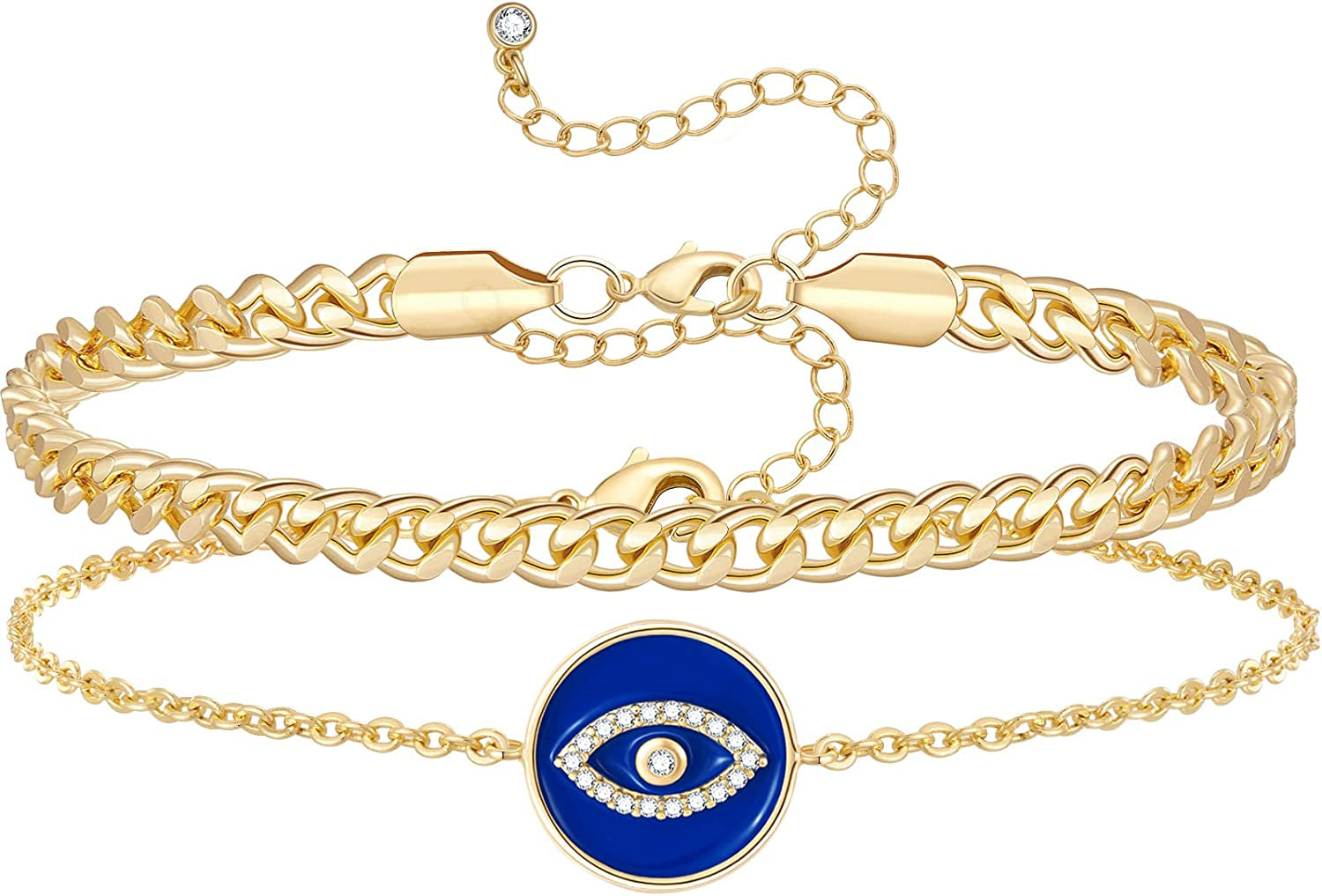 Kissyan Gold Layered Ankle Bracelets for Women, Dainty 14K Gold Plated Layering Anklets Set Adjustable Fashion Cuban Link Snake Tennis Chain Ankles Summer Beach Foot Jewelry Gifts for Women Girls Apparel & Accessories > Jewelry > Anklets KissYan P-Blue Evil Eye  