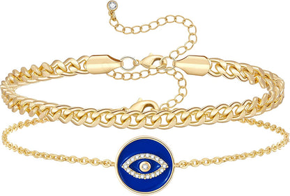 Kissyan Gold Layered Ankle Bracelets for Women, Dainty 14K Gold Plated Layering Anklets Set Adjustable Fashion Cuban Link Snake Tennis Chain Ankles Summer Beach Foot Jewelry Gifts for Women Girls Apparel & Accessories > Jewelry > Anklets KissYan P-Blue Evil Eye  