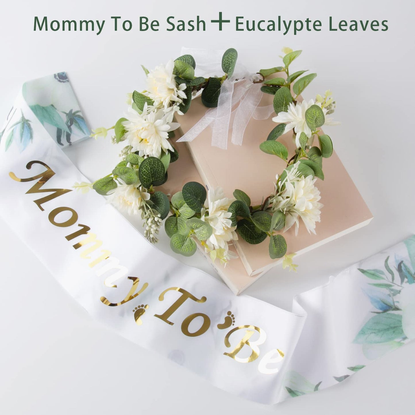 Maternity Sash and Crown Set Eucalyptus Mommy to Be Eucalyptus Floral Crown for Women Baby Shower Photo Prop Maternity Gift Ideas Gender Neutral Baby Shower Decorations Eucalyptus Baby Shower Favors Apparel & Accessories > Clothing Accessories > Sashes XHGYMI   