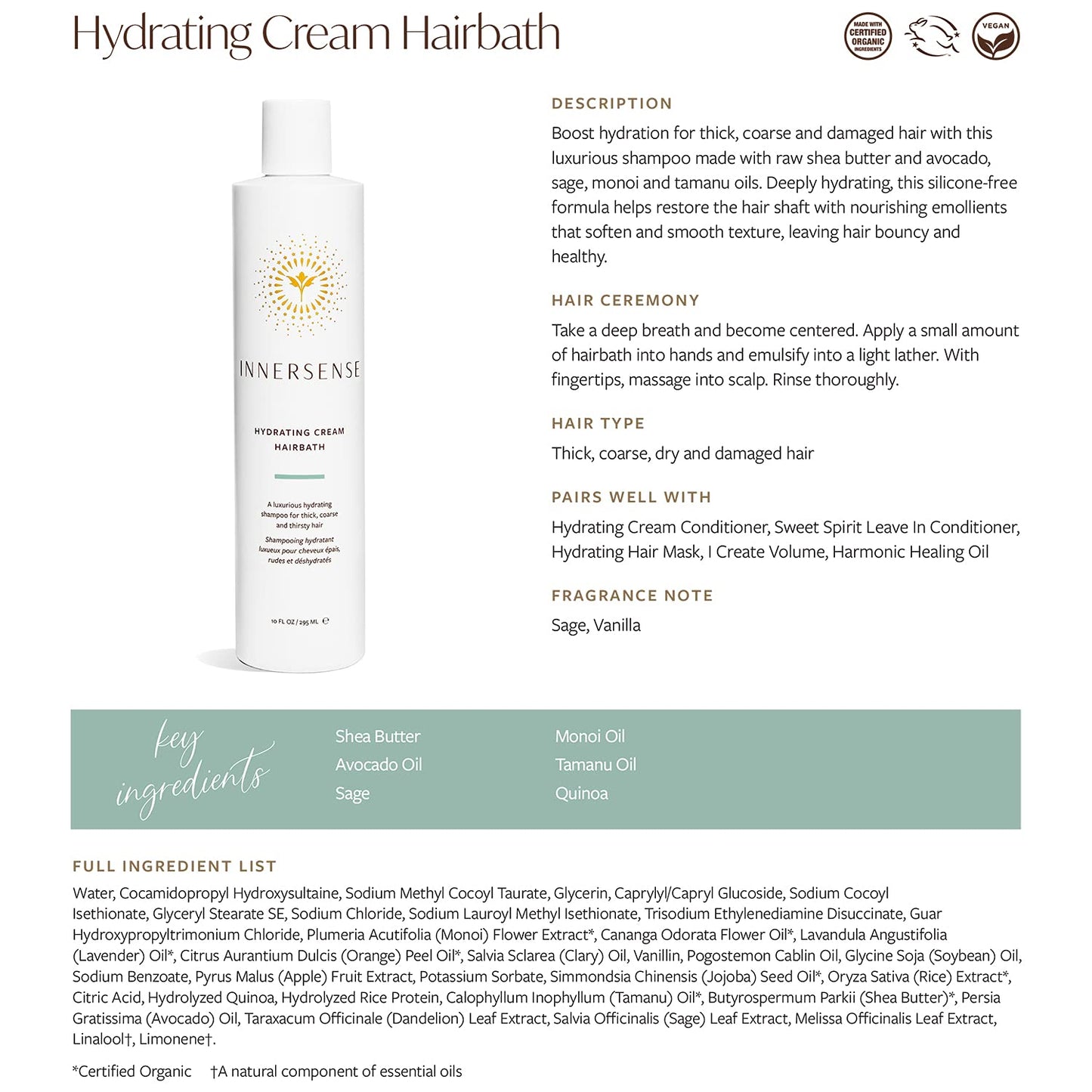 Innersense Organic Beauty - Natural Hydrating Hairbath Shampoo | Non-Toxic, Cruelty-Free, Clean Haircare (10Oz) Health & Beauty > Personal Care > Hair Care INNERSENSE   