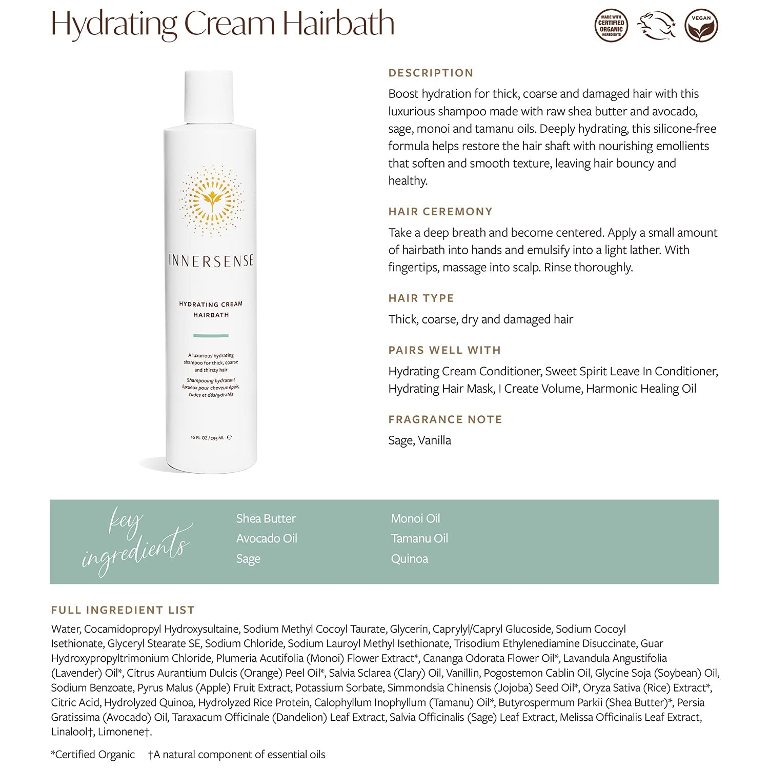 Innersense Organic Beauty - Natural Hydrating Hairbath Shampoo | Non-Toxic, Cruelty-Free, Clean Haircare (10Oz) Health & Beauty > Personal Care > Hair Care INNERSENSE   