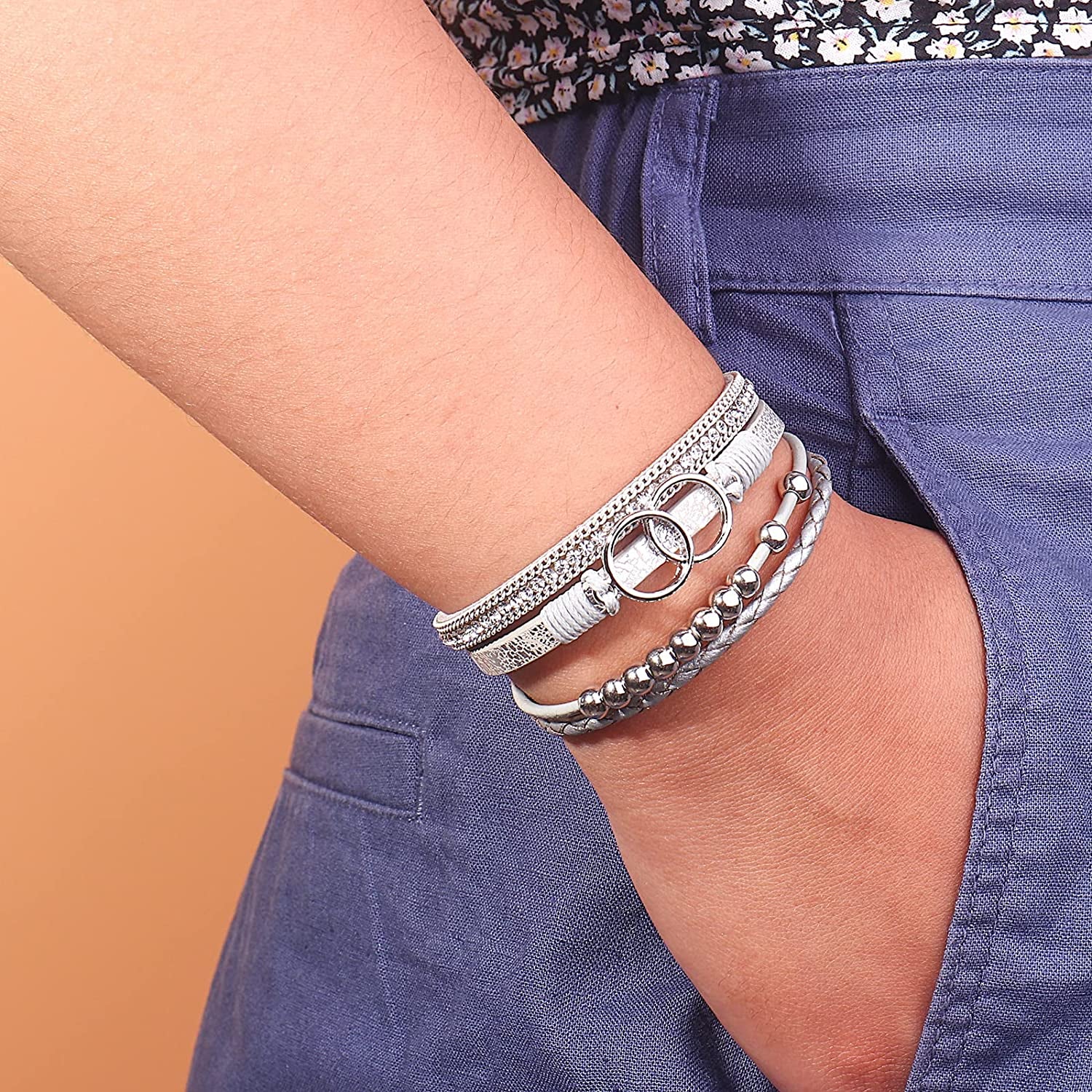 FANCY SHINY Boho Wrap Bracelets Leather Cuff Bangle Gold Beaded Bracelets for Women Stackable Infinity Bracelets Jewelry with Clasp Apparel & Accessories > Jewelry > Bracelets FANCY SHINY   