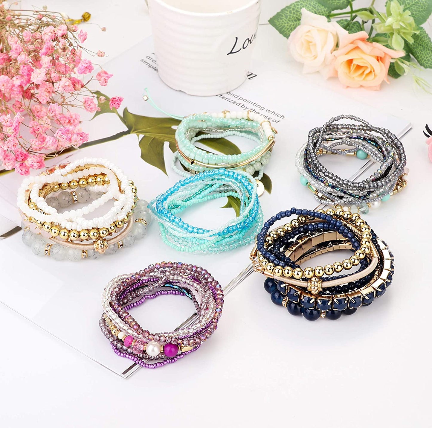 LOYALLOOK 6 Sets Bohemian Stackable Bead Bracelets for Women Stretch Bangles Bohemian Style Stretch Multilayered Bracelet Set Apparel & Accessories > Jewelry > Bracelets LOYALLOOK   