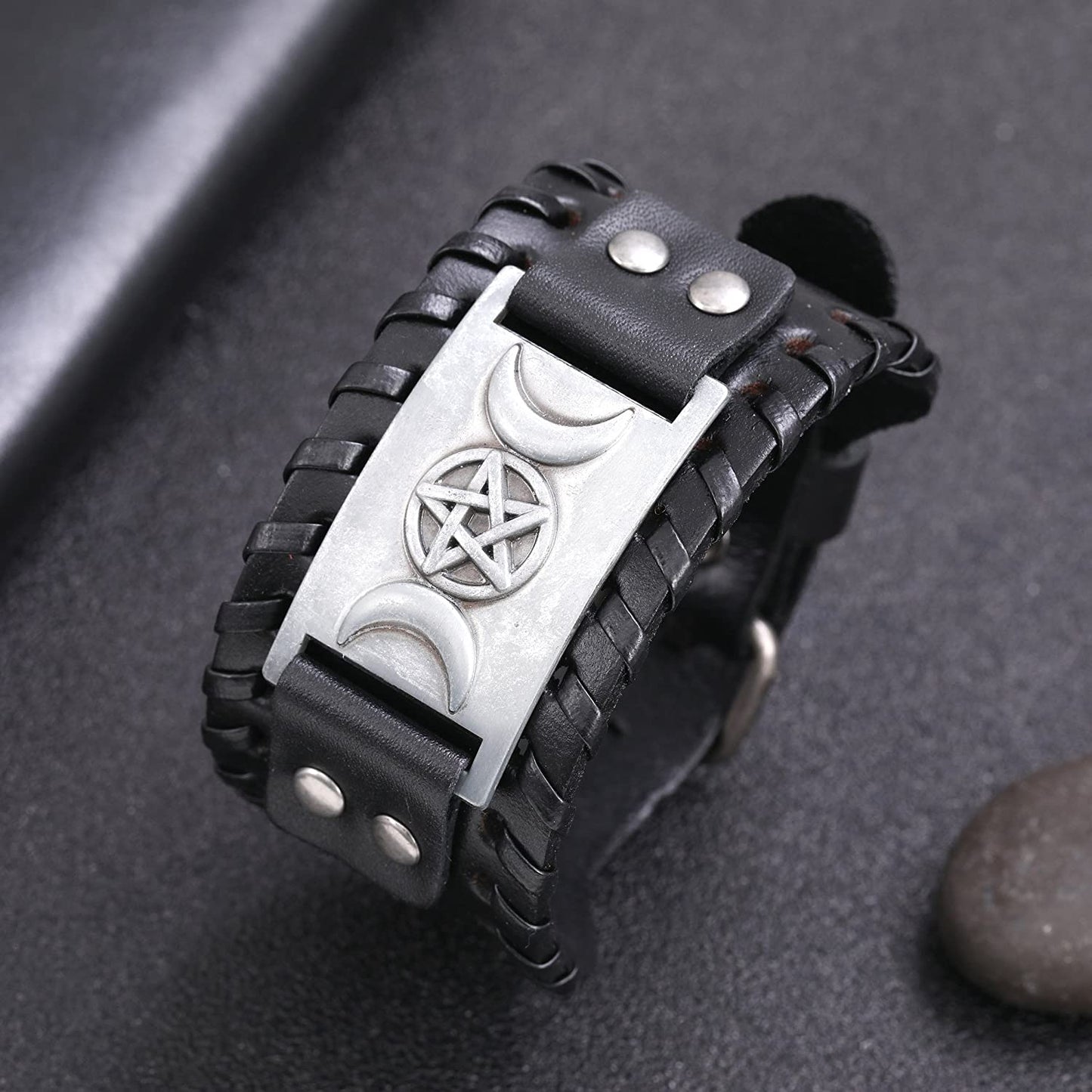 VASSAGO Vintage Pagan Triple Moon Goddess Pentacle Pentagram Metal Amulet Cuff Leather Bracelet Apparel & Accessories > Jewelry > Bracelets YiYou   