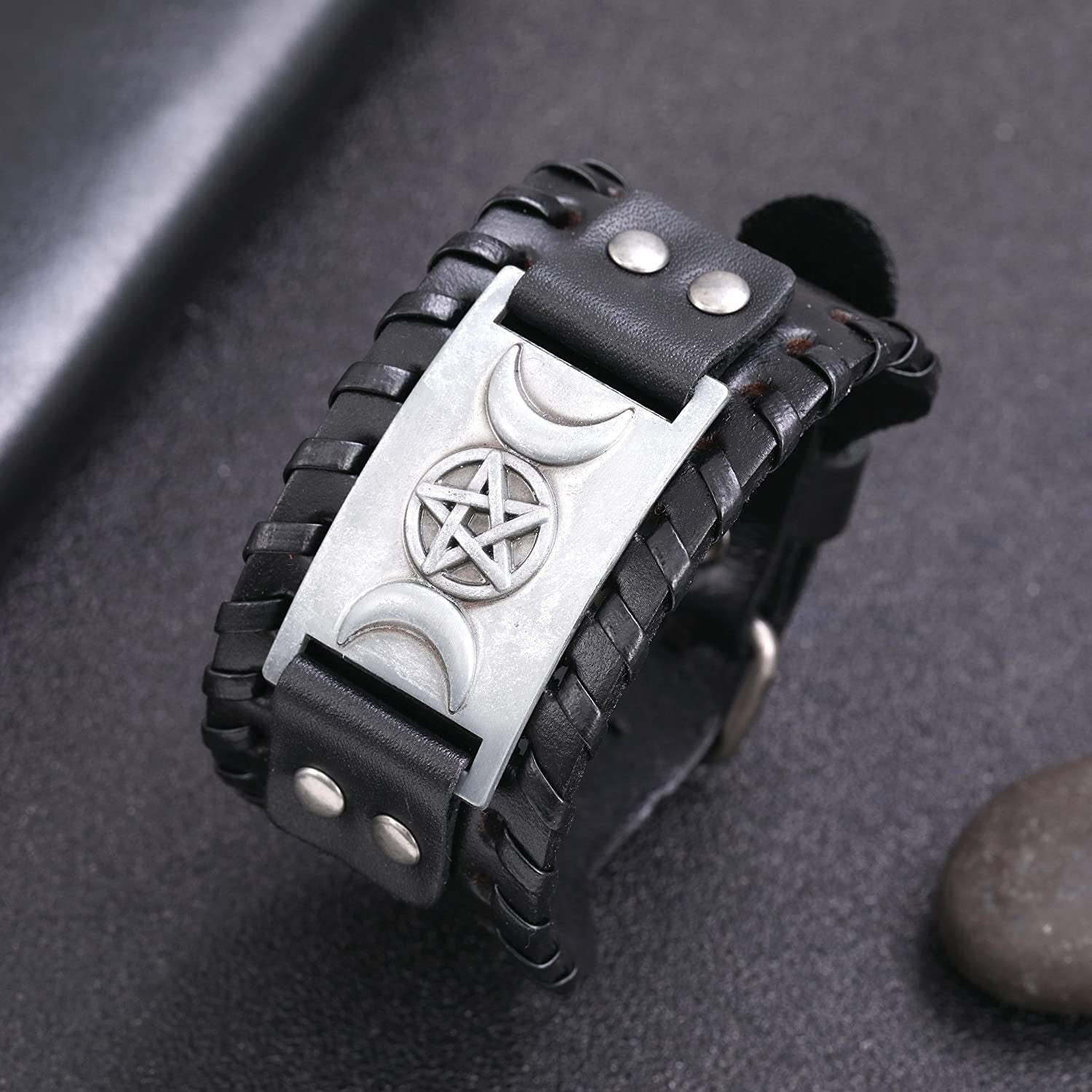 VASSAGO Vintage Pagan Triple Moon Goddess Pentacle Pentagram Metal Amulet Cuff Leather Bracelet Apparel & Accessories > Jewelry > Bracelets YiYou   