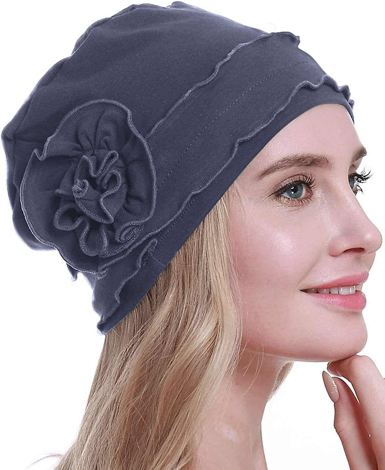 Osvyo Chemo Headwear Turban Cap for Women - Cancer Beanie Hair Loss Sealed Packaging Apparel & Accessories > Clothing Accessories > Headwear osvyo Cotton-blue-grey One Size 