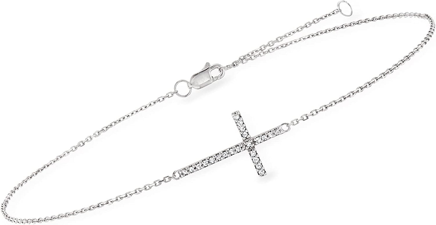 Ross-Simons 14Kt White Gold Sideways Cross Anklet with Diamond Accents. 9 Inches Apparel & Accessories > Jewelry > Anklets Ross-Simons   