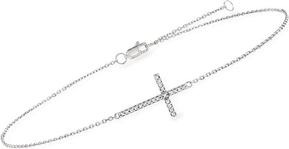 Ross-Simons 14Kt White Gold Sideways Cross Anklet with Diamond Accents. 9 Inches Apparel & Accessories > Jewelry > Anklets Ross-Simons   