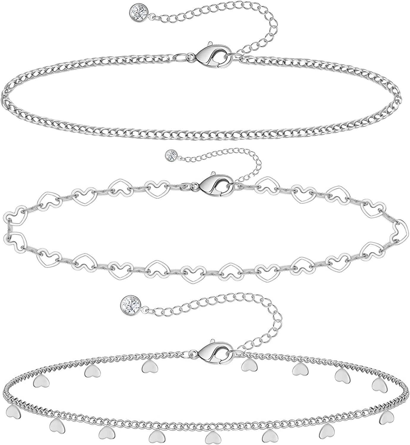 Gold Ankle Bracelets for Women 14K Gold Plated Anklet Silver Rose Gold Evil Eye Tennis Crystal Cubic Zirconia Faux Diamond Rhinestone Anklet Dainty Layered Anklet Set 3Pcs Apparel & Accessories > Jewelry > Anklets Vermeyen Q-White Gold-Heart  
