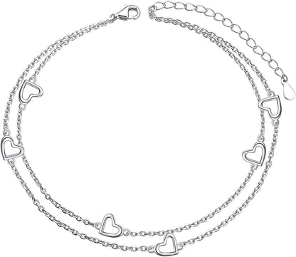 Flyow Anklet for Women S925 Sterling Silver Adjustable Foot Beaded Heart Charm Ankle Bracelet Anklets Jewelry Apparel & Accessories > Jewelry > Anklets FLYOW 6 Heart  
