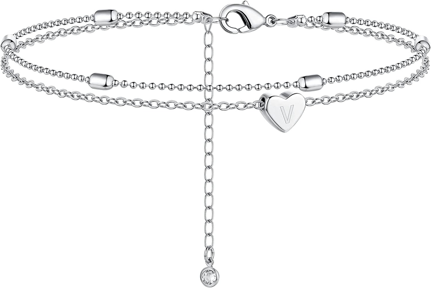 Moodear Silver Ankle Bracelets for Women, Sterling Silver Initial Anklet Layered Dainty Tiny Heart Charm Handmade Carved Alphabet A-Z Letter Ankle Bracelet Beaded Foot Chain Personalized Name Anklets Summer Cute Boho Beach Gift for Her Apparel & Accessories > Jewelry > Anklets Moodear Sterling Silver-V  