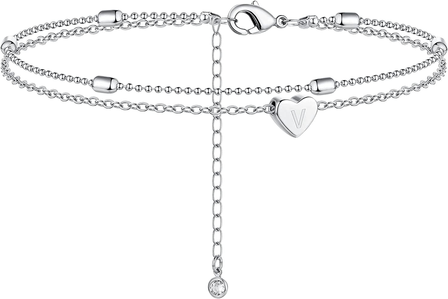 Moodear Silver Ankle Bracelets for Women, Sterling Silver Initial Anklet Layered Dainty Tiny Heart Charm Handmade Carved Alphabet A-Z Letter Ankle Bracelet Beaded Foot Chain Personalized Name Anklets Summer Cute Boho Beach Gift for Her Apparel & Accessories > Jewelry > Anklets Moodear Sterling Silver-V  