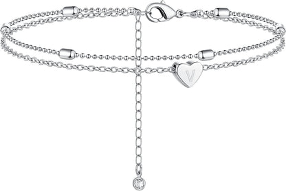 Moodear Silver Ankle Bracelets for Women, Sterling Silver Initial Anklet Layered Dainty Tiny Heart Charm Handmade Carved Alphabet A-Z Letter Ankle Bracelet Beaded Foot Chain Personalized Name Anklets Summer Cute Boho Beach Gift for Her Apparel & Accessories > Jewelry > Anklets Moodear Sterling Silver-V  