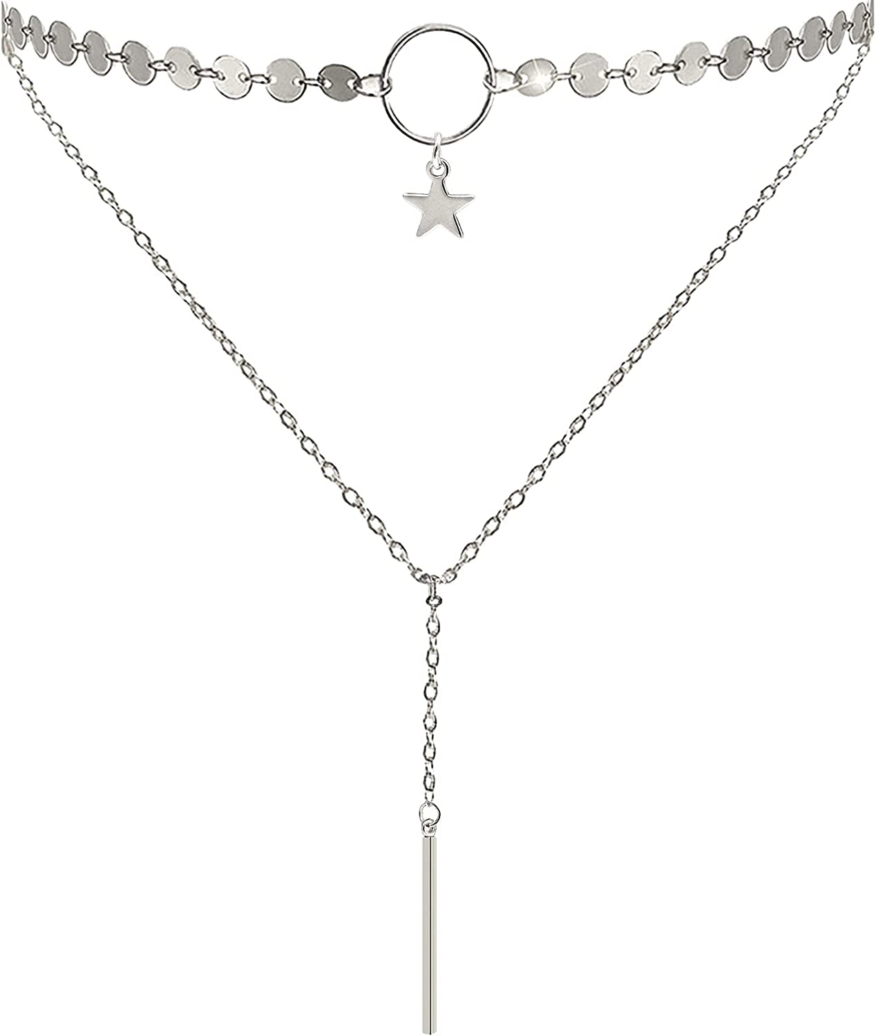 Suyi Stylish Layered Sequins Choker Necklace with Thin Long Chain Pendant for Women Lady Girl Apparel & Accessories > Jewelry > Necklaces Suyi B-Silver  