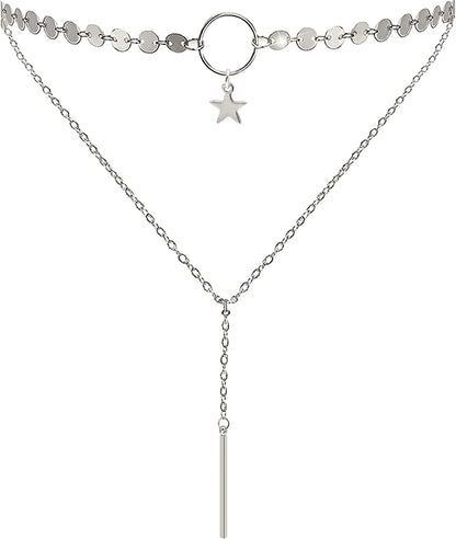Suyi Stylish Layered Sequins Choker Necklace with Thin Long Chain Pendant for Women Lady Girl Apparel & Accessories > Jewelry > Necklaces Suyi B-Silver  