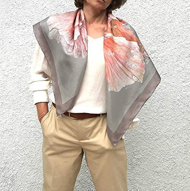 Designer Square Silk Scarf for Women Hand Painted and Printed Grey Shawl with Pink Rose Unique by Edgalart Apparel & Accessories > Clothing Accessories > Scarves & Shawls Generic   