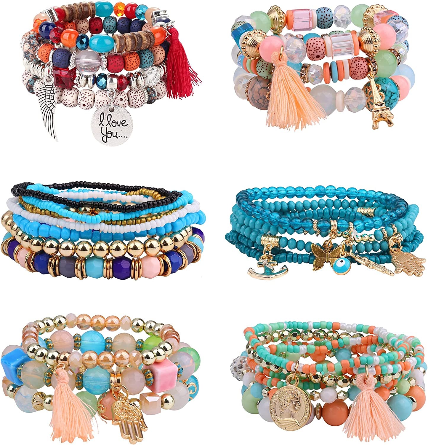 Jstyle Bohemian Stackable Bead Bracelets for Women 6 Sets Stretch Beaded Bracelets Multi-Color Boho Jewelry for Women Multilayer Bracelet Boho Apparel & Accessories > Jewelry > Bracelets Jstyle G:Stackable Bracelet  