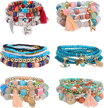 Jstyle Bohemian Stackable Bead Bracelets for Women 6 Sets Stretch Beaded Bracelets Multi-Color Boho Jewelry for Women Multilayer Bracelet Boho Apparel & Accessories > Jewelry > Bracelets Jstyle G:Stackable Bracelet  