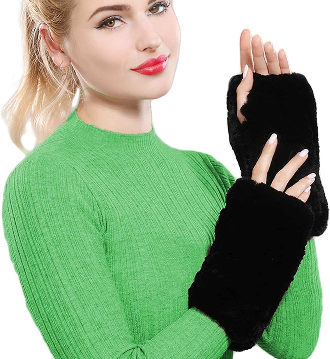 Forssils Real Rabbit Fur Gloves for Women Winter Furry Gloves Mittens Gloves Knitted Fingerless Gloves Apparel & Accessories > Clothing Accessories > Gloves & Mittens Forssils Black  