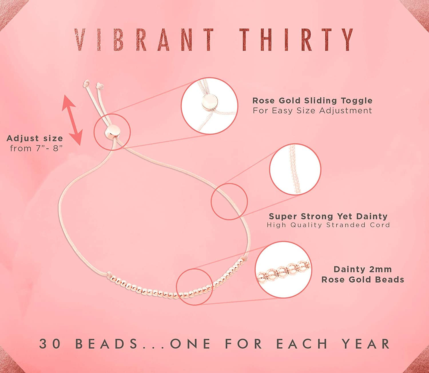 Lucky Feather 30Th Birthday Gifts for Women; 30Th Birthday Bracelet with 30 14K Gold Dipped Beads on Adjustable Cord; 30 Birthday Gift Ideas for Her Apparel & Accessories > Jewelry > Bracelets Lucky Feather   