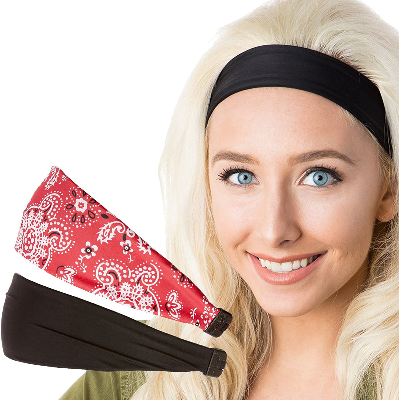 Hipsy Adjustable & Stretchy Printed Xflex Wide Headbands for Women Girls & Teens Apparel & Accessories > Clothing Accessories > Bandanas & Headties Hipsy Printed Bandana & Black 2pk  