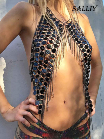 Salliy Boho Body Chain Bra Silver Sexy Rhinestone Bikini Bra Body Halter Backless Sequins Chain Bra Beach Body Accessories Jewelry for Women and Girls (C) Apparel & Accessories > Jewelry > Body Jewelry Salliy   