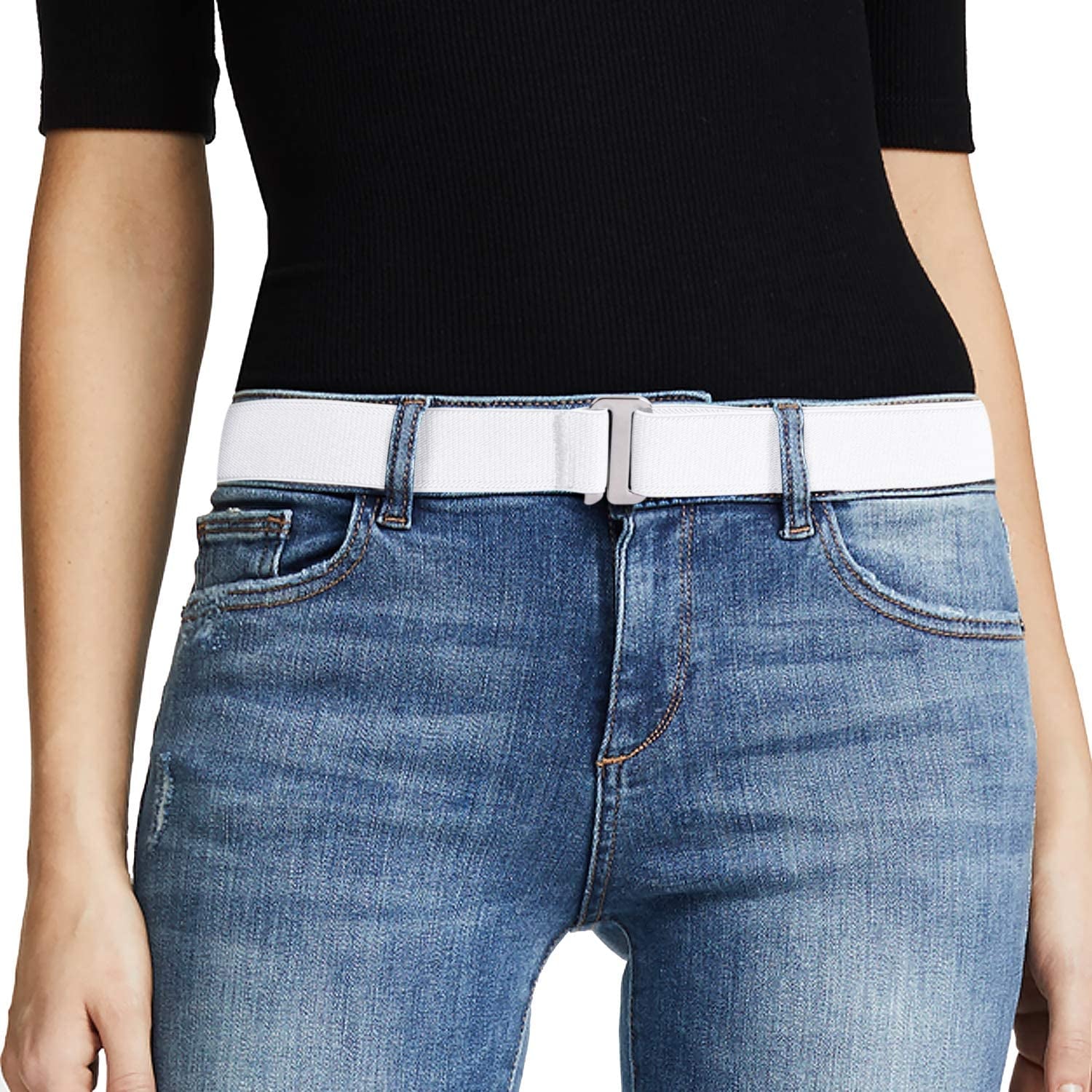 JASGOOD Women No Show Stretch Belt Invisible Elastic Web Strap Belt with Flat Buckle for Jeans Pants Dresses Apparel & Accessories > Clothing Accessories > Belts KYLIE MAX E-white-silver Color Buckle Suit for US Size 0-16 