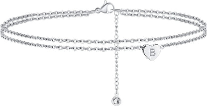 Turandoss Silver Heart Initial Ankle Bracelets for Women, 14K White Gold Filled Handmade Dainty Layered Silver Anklet Letter Initial Heart Ankle Bracelets for Women Silver Summer Foot Beach Jewelry Apparel & Accessories > Jewelry > Anklets Turandoss B  