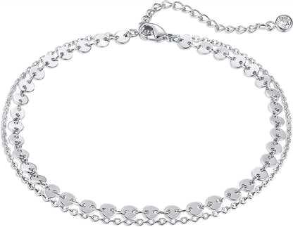 Valloey Rover Women Handmade Dainty Anklet Silver 14K Gold Plated Bead Boho Beach Rhinestone Foot Chain Adjustable Ankle Bracelet for Women Apparel & Accessories > Jewelry > Anklets Valloey Rover Sliver-Coinchain  