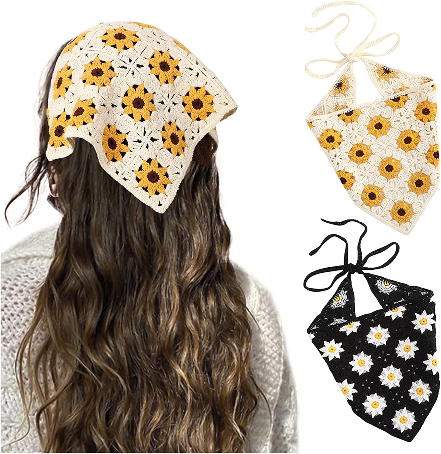 Floral Crochet Hair Bandanas Headscarf- HAIMEIKANG 2 PCS Women Hair Scarf Daisy Headband Vintage Head Kerchief for Girls Apparel & Accessories > Clothing Accessories > Bandanas & Headties HAIMEIKANG White+black  