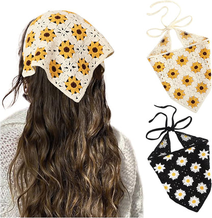Floral Crochet Hair Bandanas Headscarf- HAIMEIKANG 2 PCS Women Hair Scarf Daisy Headband Vintage Head Kerchief for Girls Apparel & Accessories > Clothing Accessories > Bandanas & Headties HAIMEIKANG White+black  