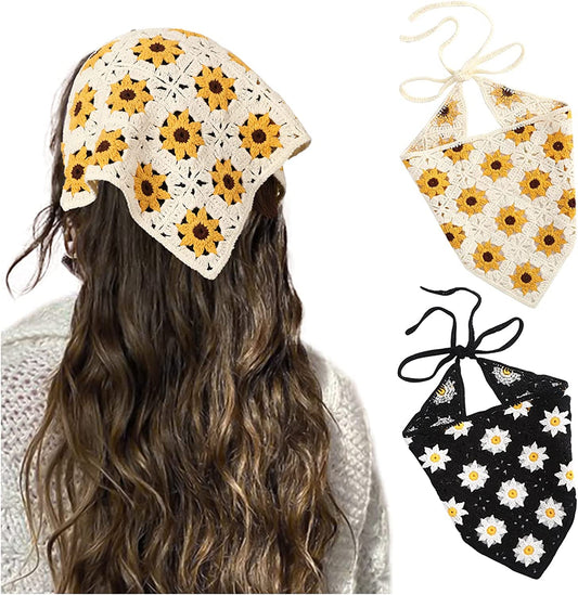 Floral Crochet Hair Bandanas Headscarf- HAIMEIKANG 2 PCS Women Hair Scarf Daisy Headband Vintage Head Kerchief for Girls Apparel & Accessories > Clothing Accessories > Bandanas & Headties HAIMEIKANG White+black  