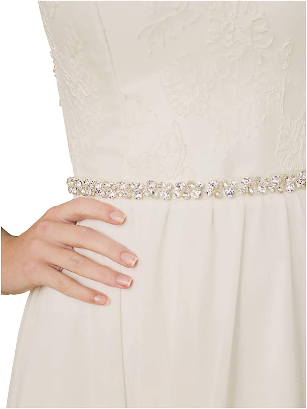 SWEETV Bridal Belt with Rhinestones Wedding Dress Belt Crystal Headband Bride Bridesmaids Sash, Silver Apparel & Accessories > Clothing Accessories > Belts SWEETV Silver + Ivory Ribbon  