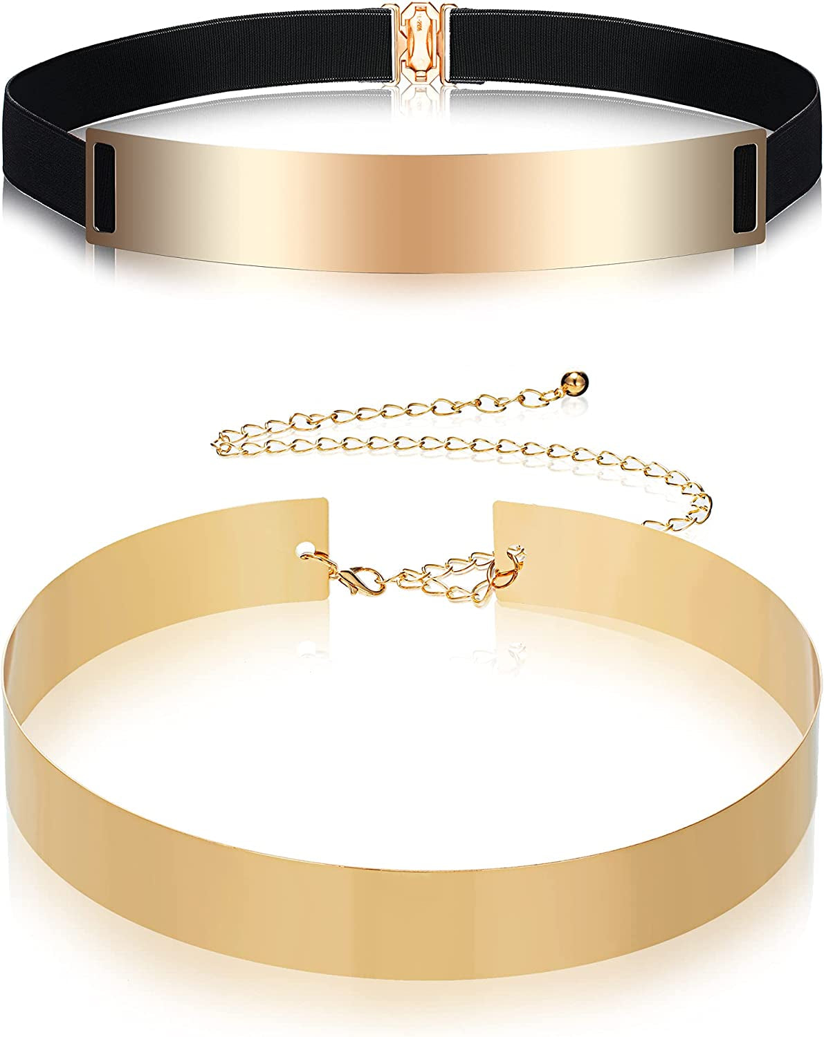 Gold Belts for Women 2 Pieces Metal Belt Gold Metal Polished Dress Belt Christmas Shinny Mirror Waist Chain Belt Adjustable Apparel & Accessories > Clothing Accessories > Belts Geyoga   