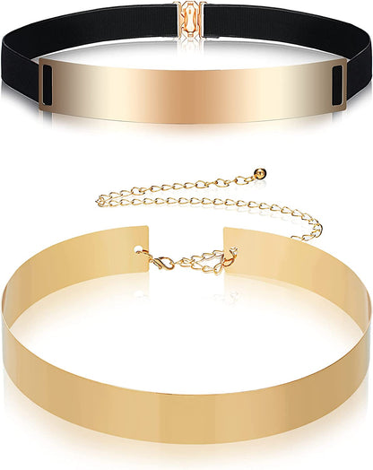 Gold Belts for Women 2 Pieces Metal Belt Gold Metal Polished Dress Belt Christmas Shinny Mirror Waist Chain Belt Adjustable Apparel & Accessories > Clothing Accessories > Belts Geyoga   