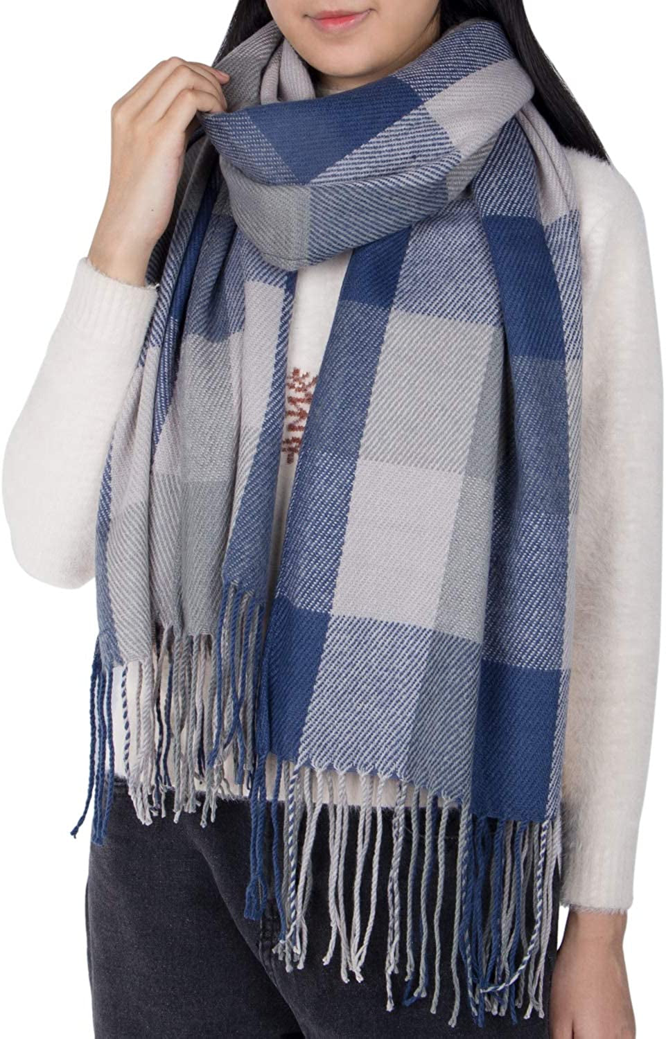 Women'S Long Plaid Blanket Chunky Oversized Winter/Fall Warm Scarf Big Tartan Scarves Wrap Shawl Apparel & Accessories > Clothing Accessories > Scarves & Shawls YSense Wear B-blue Grey  