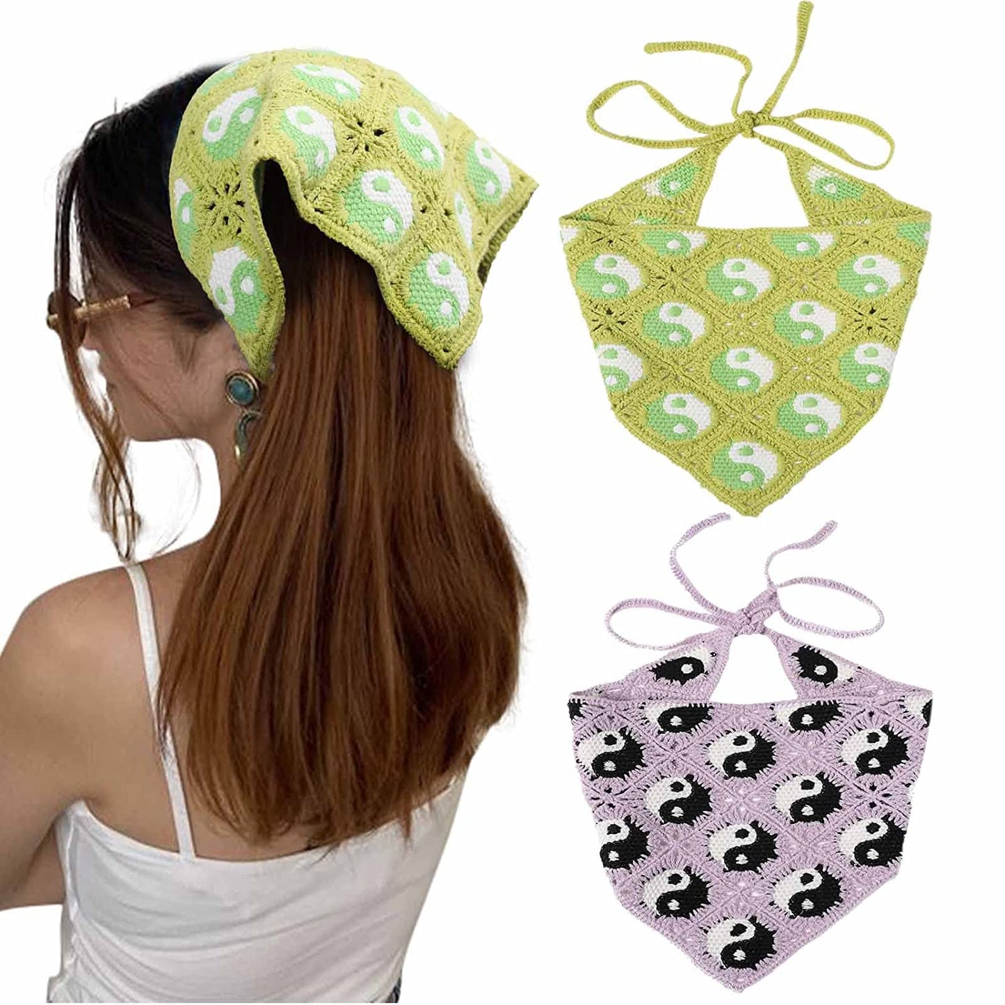 Crochet Bandana Head Kerchief Hair Scarf 2Pcs Knitted Hair Scarves Crochet Hair Kerchief Tie Bcak Headwrap Floral Hair Bandanas for Women Girls Scarf (Daisy(Purple+Green)) Apparel & Accessories > Clothing Accessories > Bandanas & Headties AWAYTR Tai Chi(purple+green)  