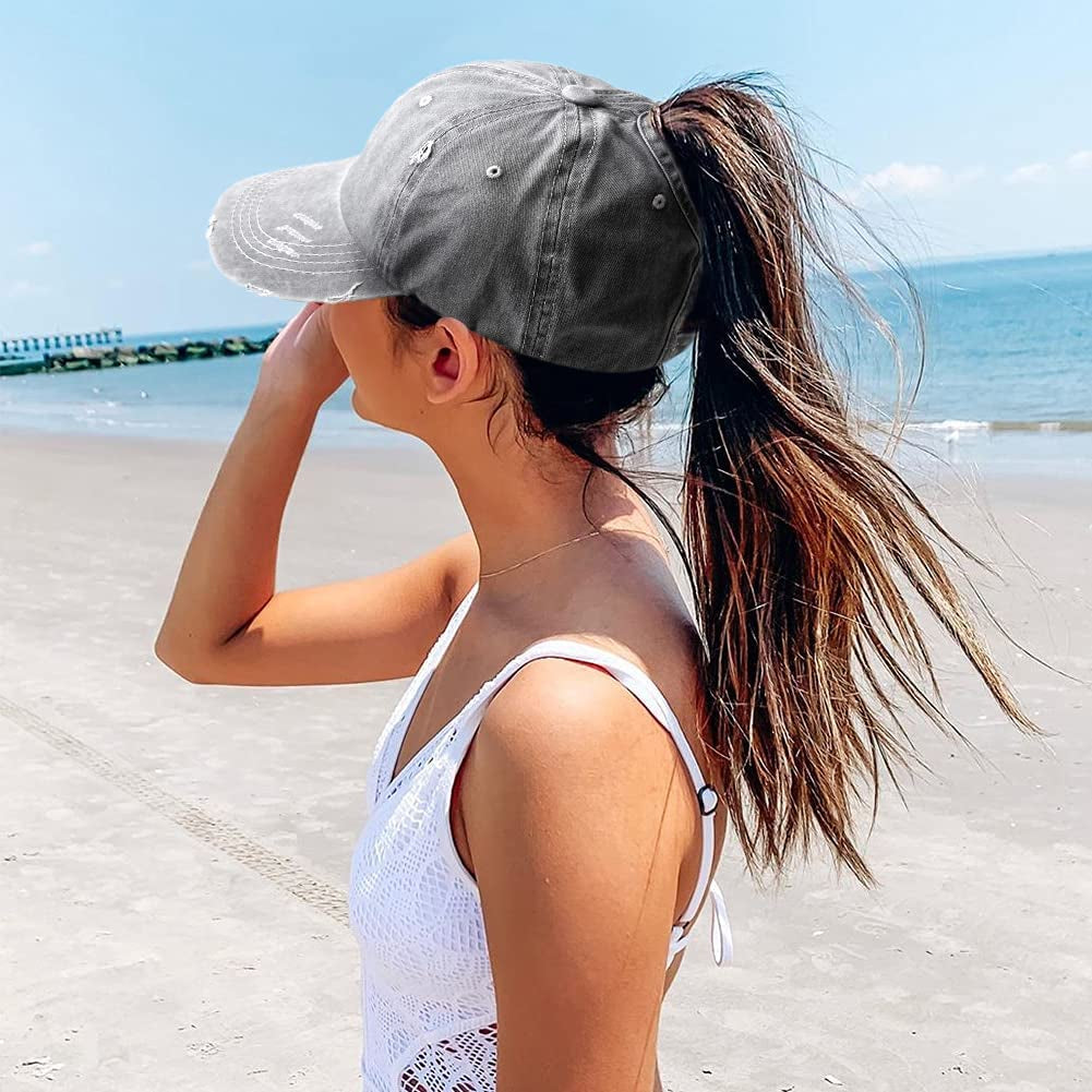 Lvaiz Womens Distressed Baseball Cap Mens Mesh Back Sport Hat Versatile Washed Dad Hat with Ponytail Hole Apparel & Accessories > Clothing Accessories > Hats Lvaiz   
