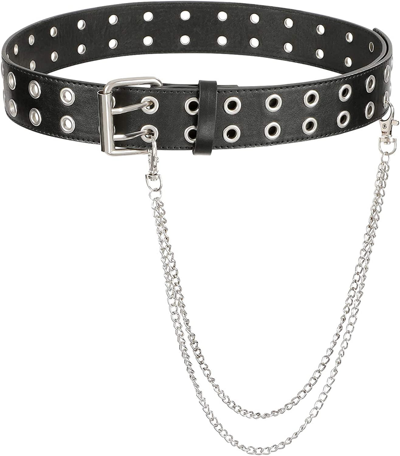 Double Grommet PU Leather Belt for Women/Men Punk Metal Jean Belt Wide 1.5 Inch Apparel & Accessories > Clothing Accessories > Belts XZQTIVE 04 Black With Chain Fit Pants 42-46inch 