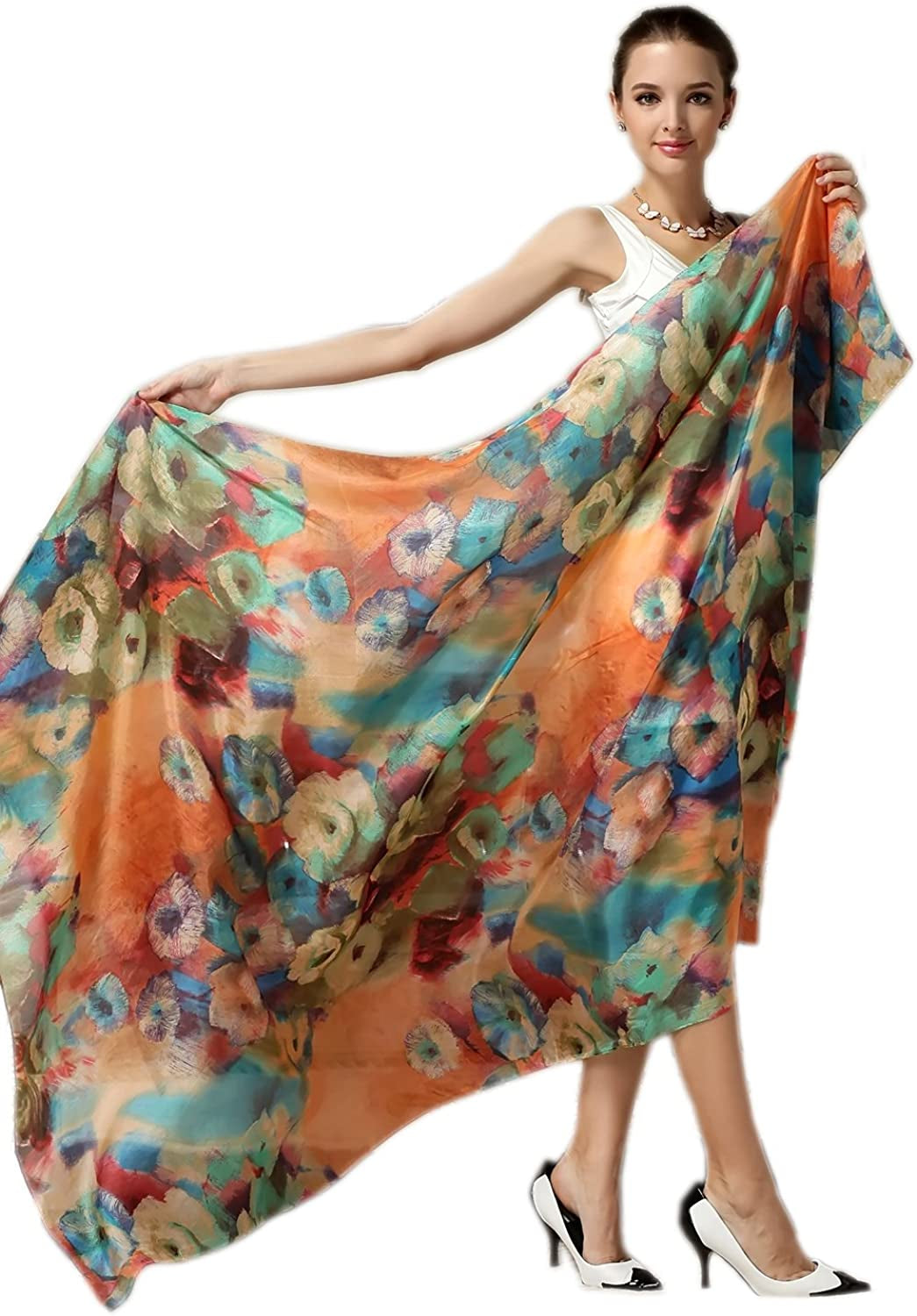 Women Fashion Silk Scarf Oblong Floral Oversize Soft Shawl Beach Wrap Apparel & Accessories > Clothing Accessories > Scarves & Shawls Just4Beauty Colorfulorange  