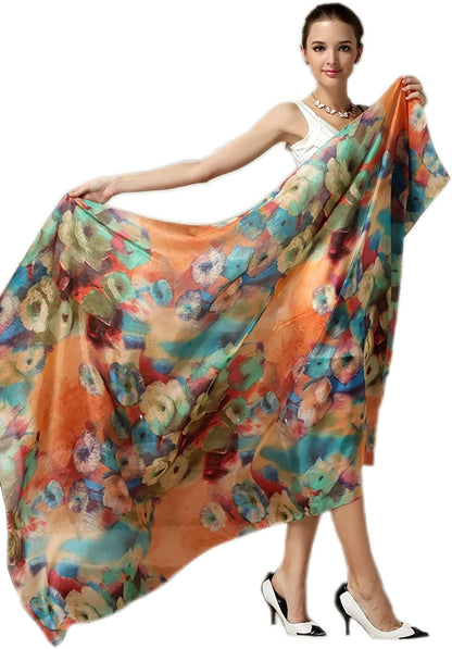 Women Fashion Silk Scarf Oblong Floral Oversize Soft Shawl Beach Wrap Apparel & Accessories > Clothing Accessories > Scarves & Shawls Just4Beauty Colorfulorange  