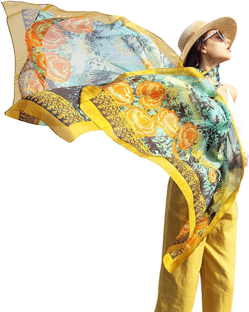 DANA XU Long Silk Fashion Oblong Floral Oversize Soft Scarf Wedding Shawls Beach Wraps Bandana Scarves for Women Apparel & Accessories > Clothing Accessories > Scarves & Shawls DANA XU 27 Yellow&green  