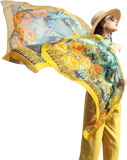 DANA XU Long Silk Fashion Oblong Floral Oversize Soft Scarf Wedding Shawls Beach Wraps Bandana Scarves for Women Apparel & Accessories > Clothing Accessories > Scarves & Shawls DANA XU 27 Yellow&green  